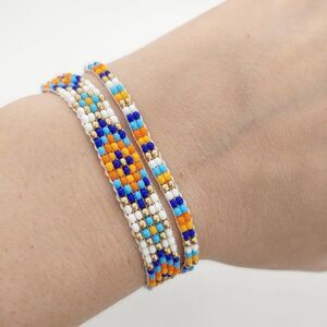 Bracelet Set Loom Beaded White, Orange & Blue